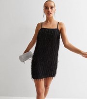New Look Black Tinsel Embellished Square Neck Strappy Mini Slip Dress